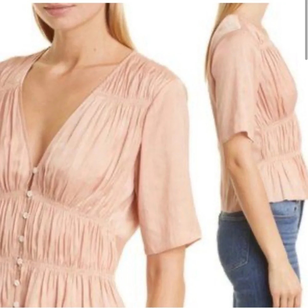 NWT Frame Short Sleeved V-neck Ruched Button Down Blouse in Pink Small - Picture 2 of 7